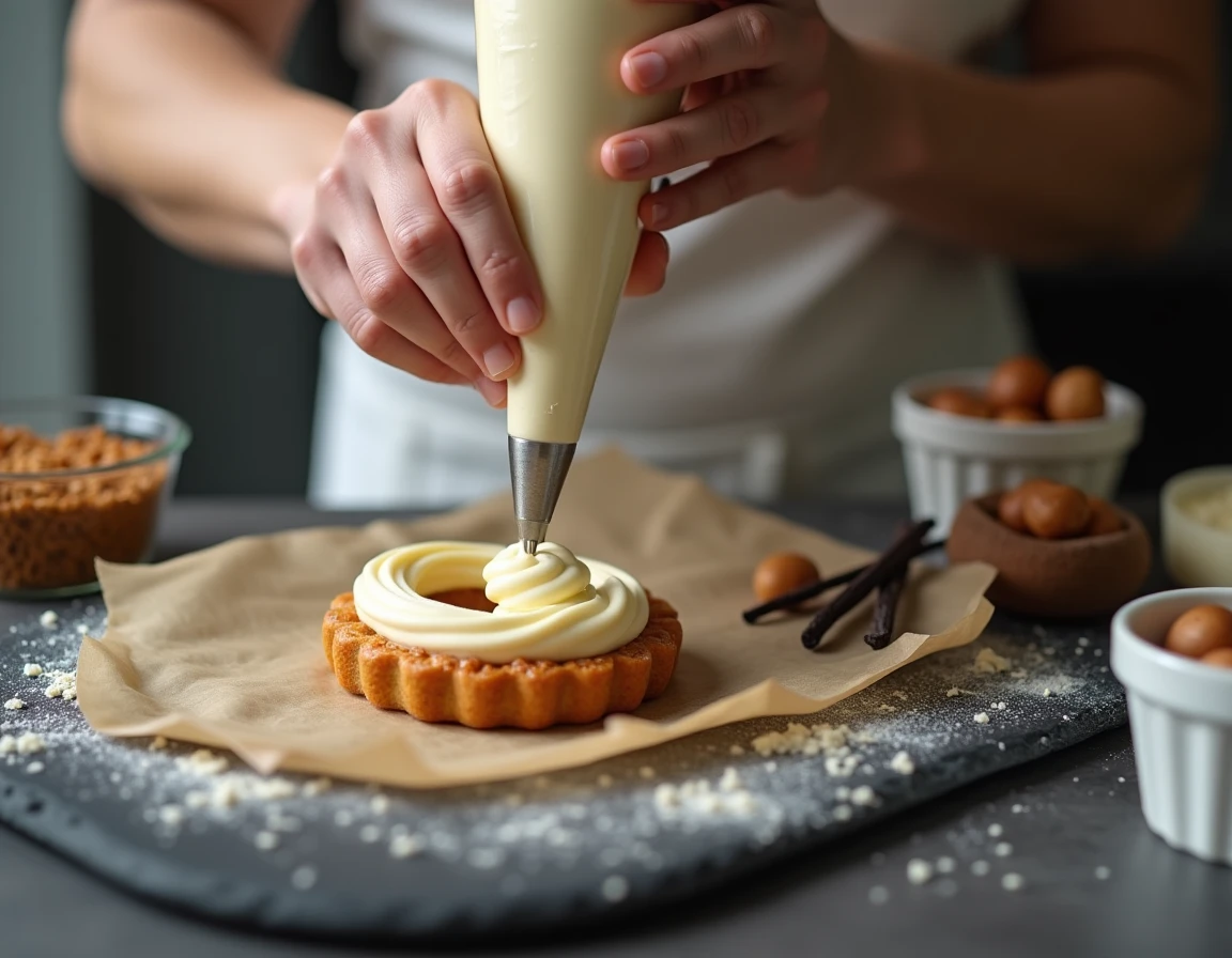 Mains d'un pâtissier pochant la crème mousseline praliné dans un Paris-Brest sur un plan de travail en ardoise