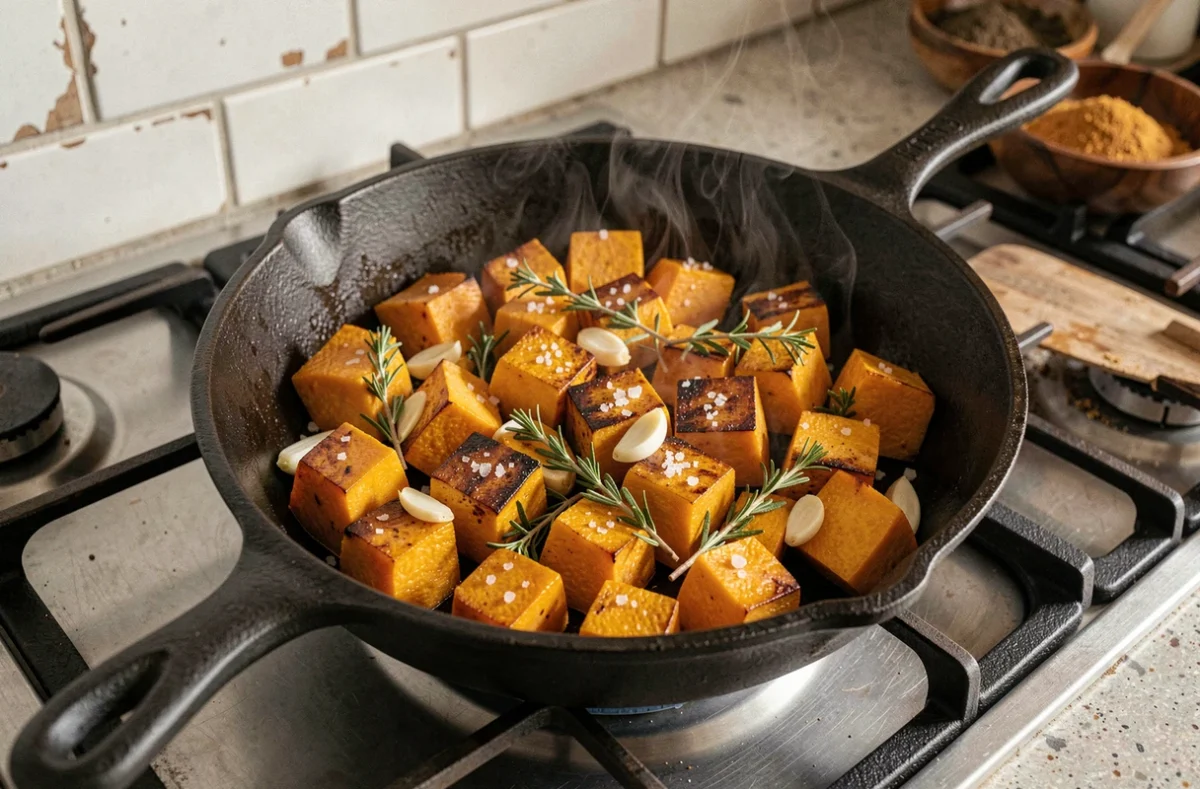 Poêlée de courge bleu de Hongrie dans une poêle en fonte avec thym et ail