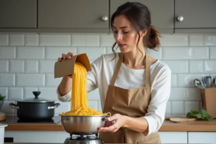 Femme mesurant une portion de pâtes sèches sur une balance de cuisine pour contrôler les calories