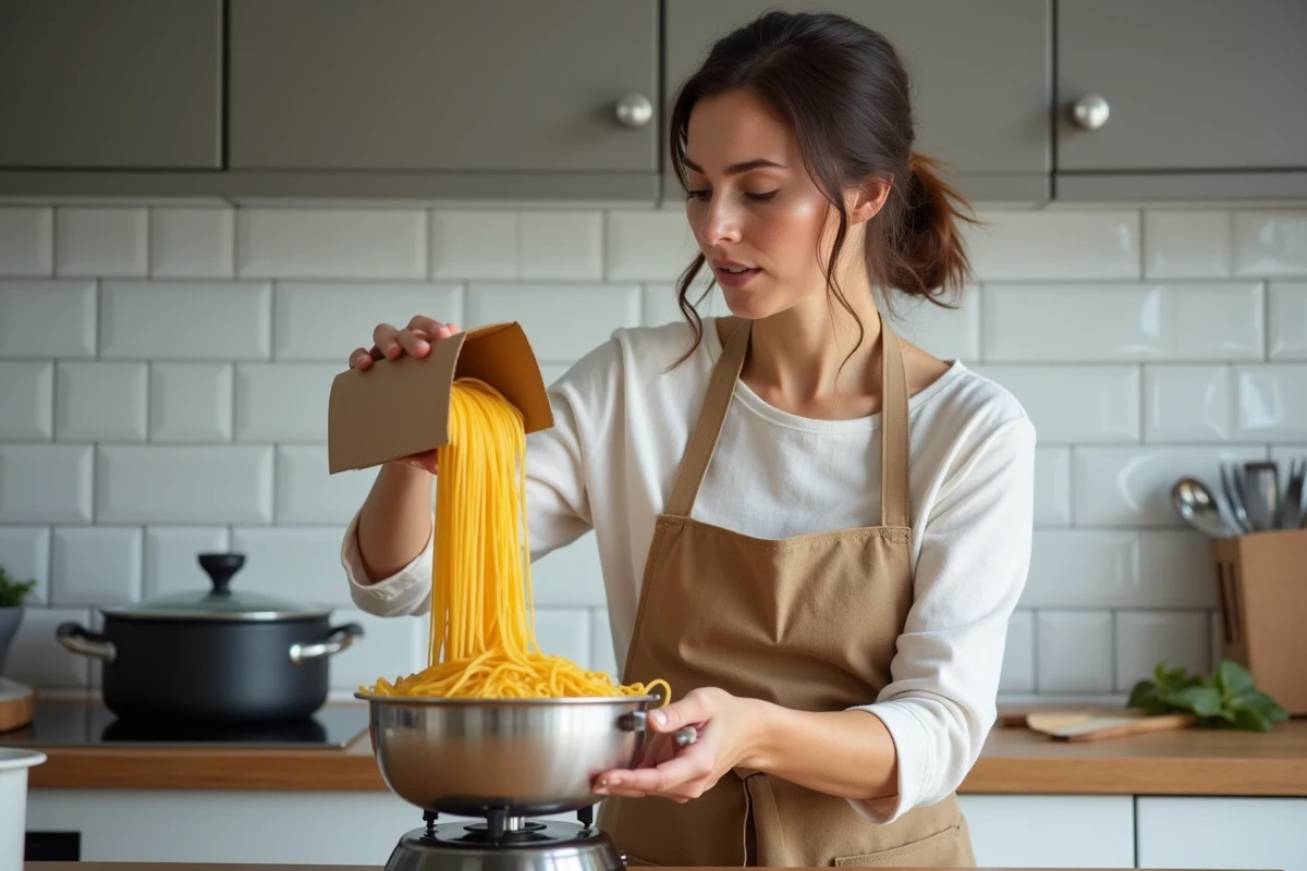 Femme mesurant une portion de pâtes sèches sur une balance de cuisine pour contrôler les calories