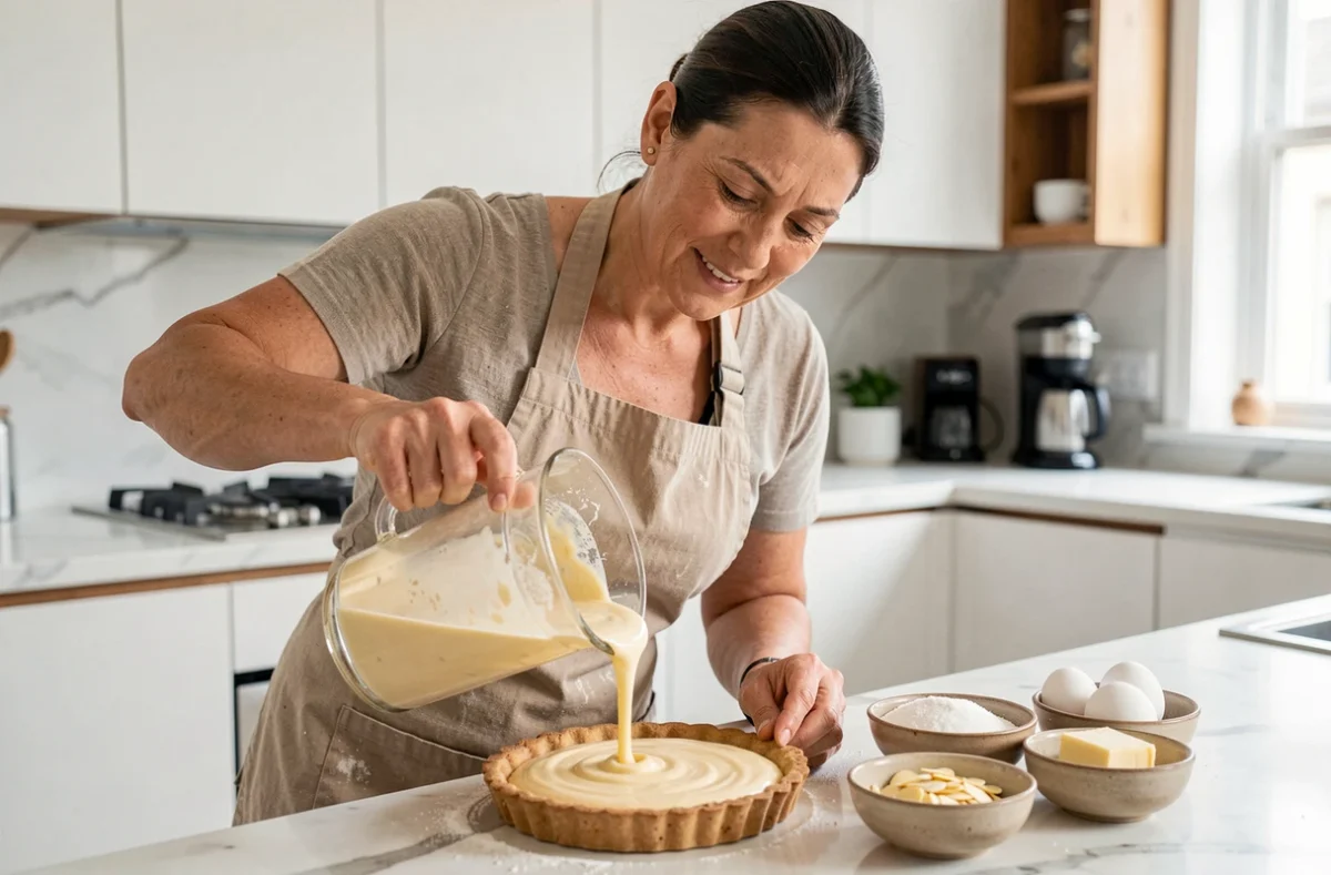 Femme en tablier versant une crème aux amandes dans un moule à tarte dans une cuisine moderne