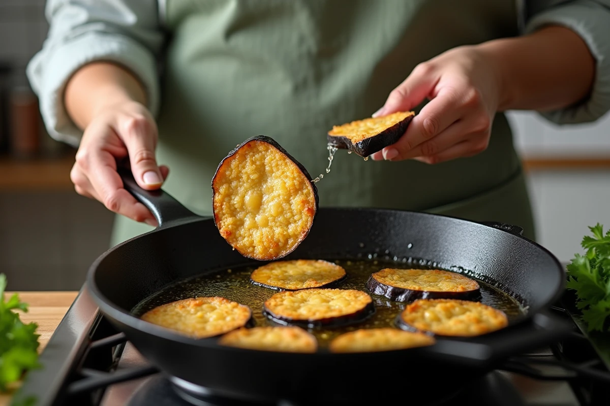 Femme en tablier vert déposant une tranche d'aubergine enrobée de pâte vegan dans une poêle en fonte, recette de beignets sans œuf ni lait