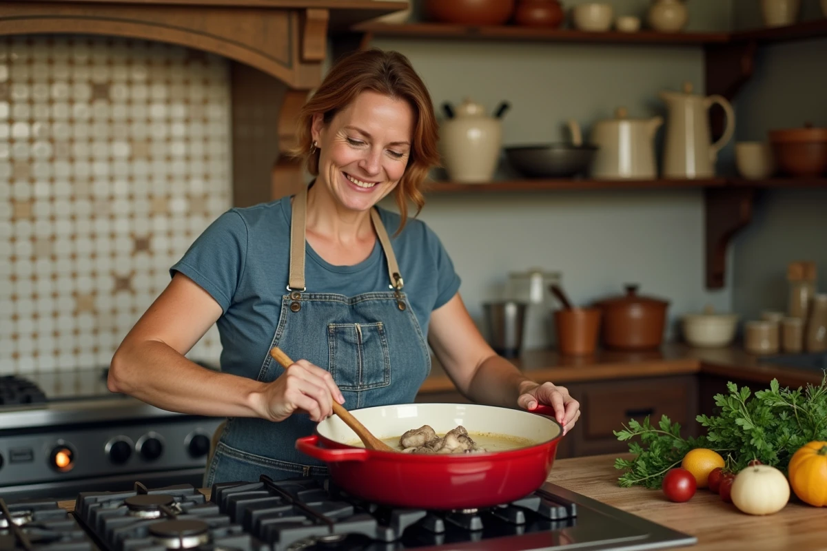 Cuisinière préparant une blanquette de veau dans une cocotte en fonte émaillée dans une cuisine française traditionnelle