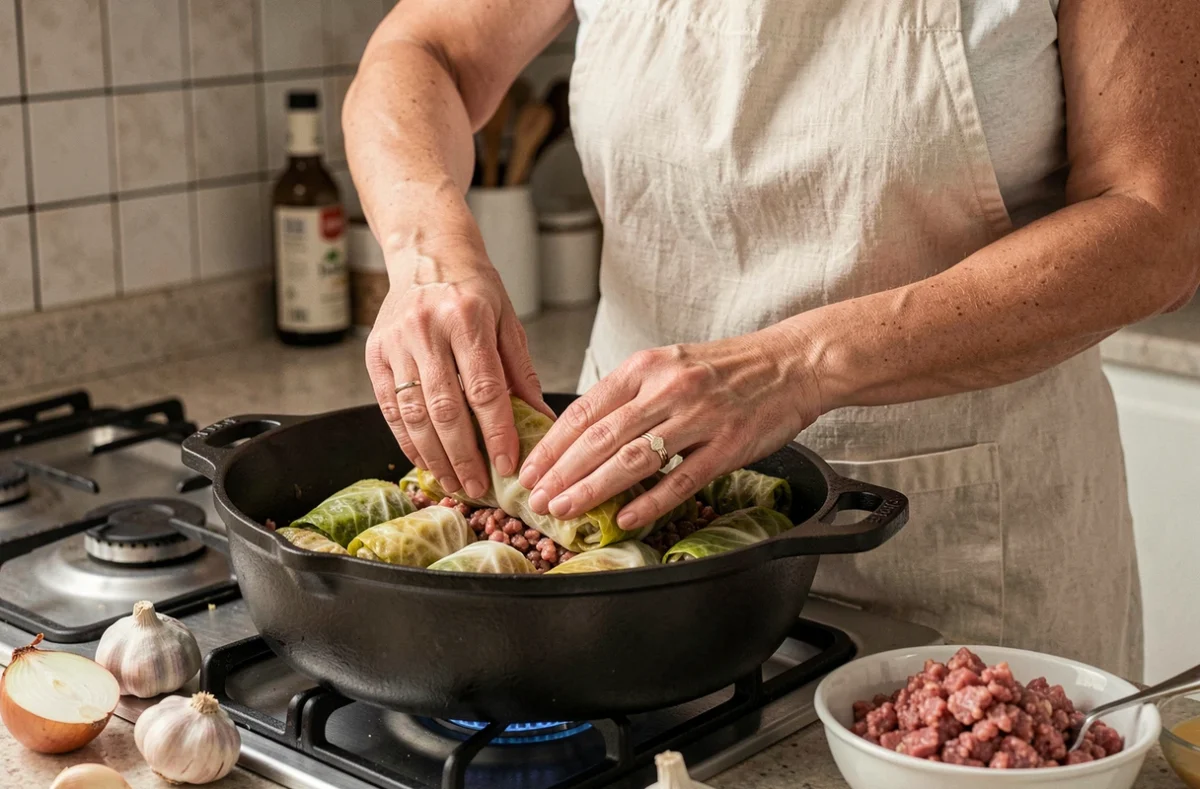 Femme préparant des choux farcis au porc et au bœuf dans une cocotte en fonte dans sa cuisine