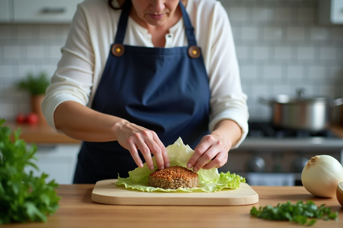 Femme qui prépare des choux farcis en repliant les feuilles de chou autour de la farce à la viande