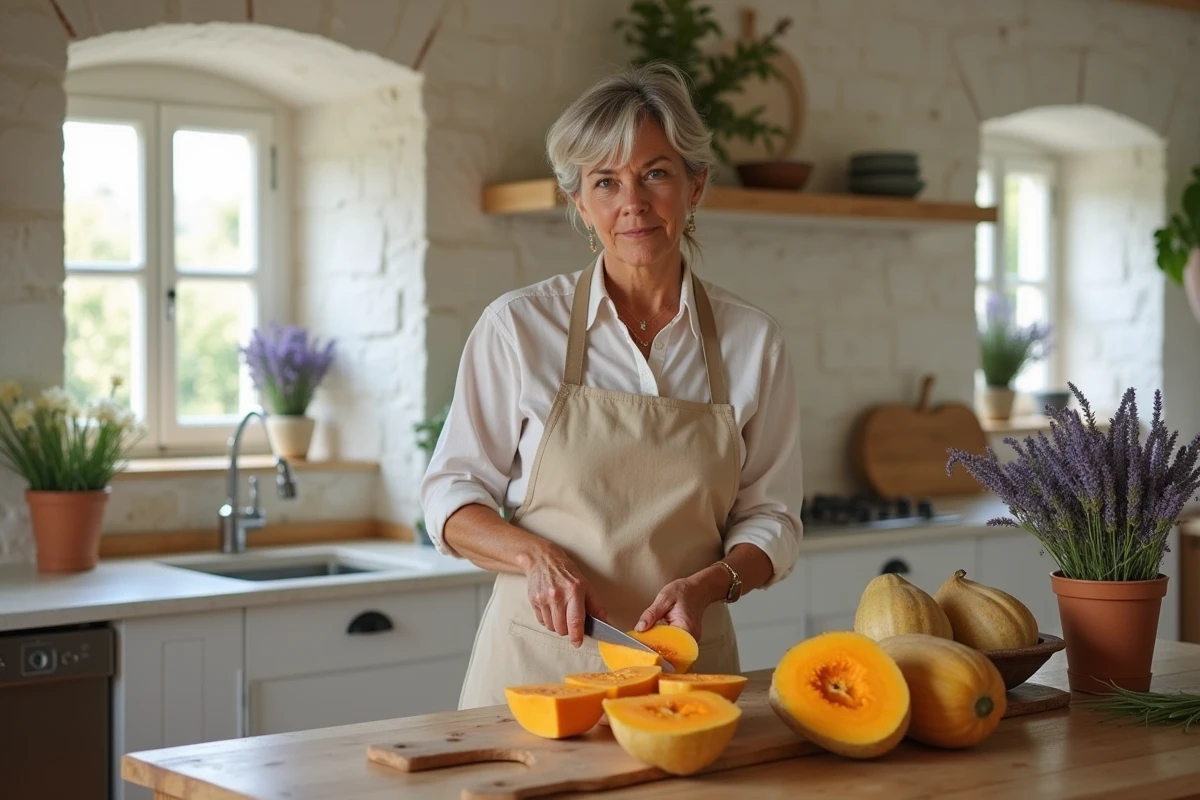Femme en tablier de lin découpant une courge longue de Nice sur une planche en bois dans une cuisine provençale