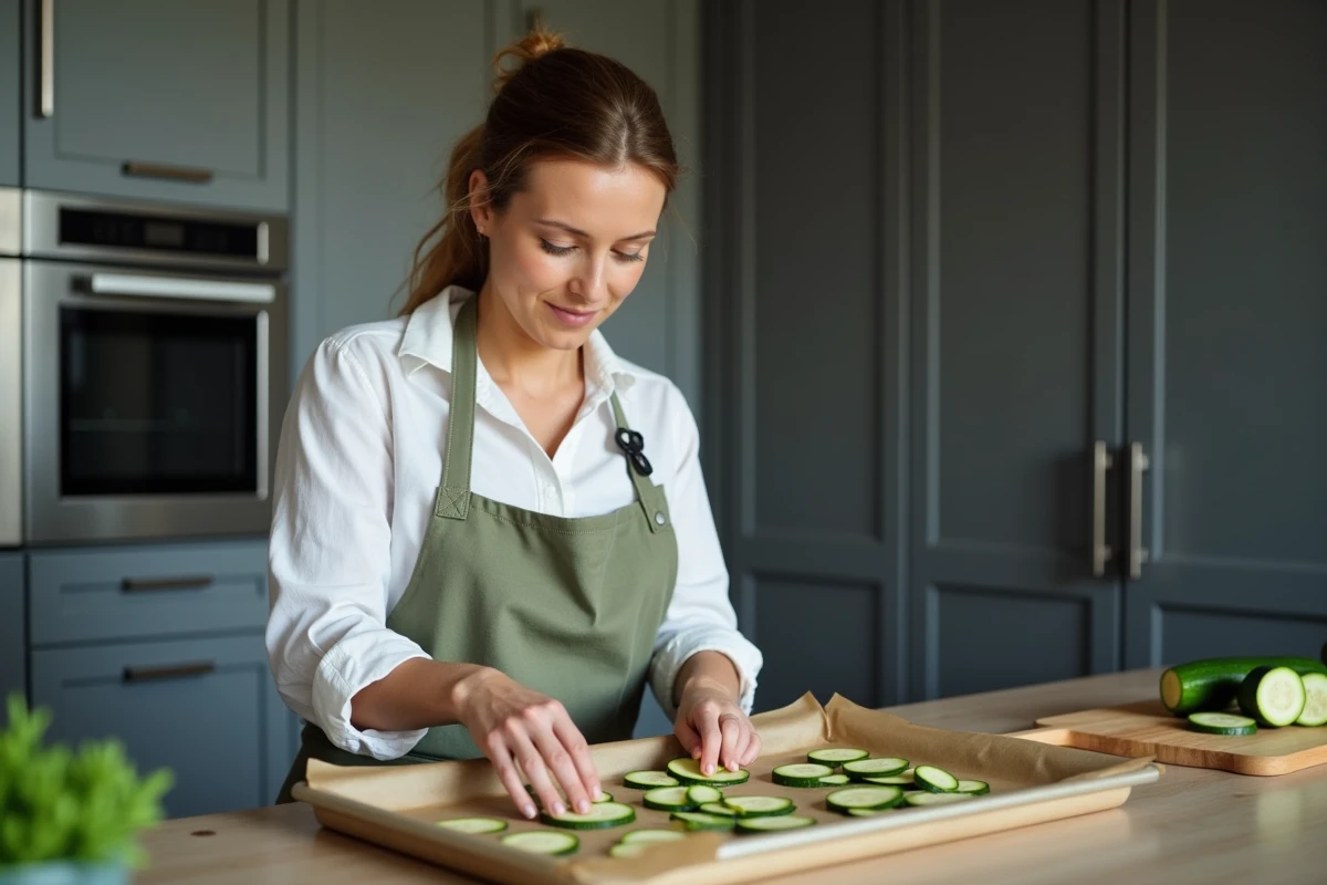 Femme préparant des rondelles de courgettes sur une plaque de cuisson avant d'enfourner