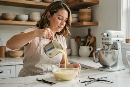 Femme versant une crème anglaise dans un bol en verre sur un bain de glace pour préparer une glace maison