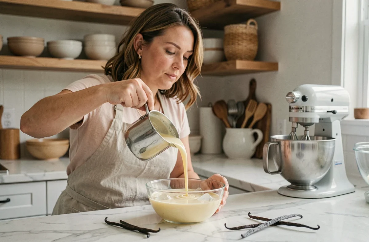 Femme versant une crème anglaise dans un bol en verre sur un bain de glace pour préparer une glace maison