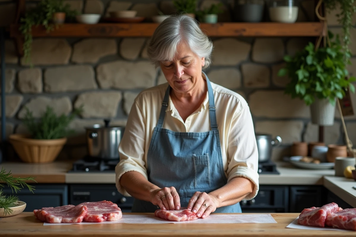 Femme préparant des crépinettes de campagne maison en enveloppant la farce dans la crépine, cuisine rustique