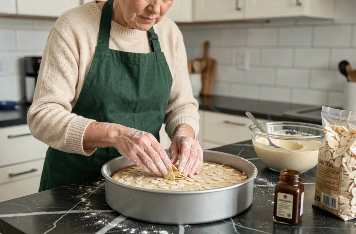 Femme préparant un gâteau aux amandes de Noël en disposant des amandes effilées sur la pâte dans un moule