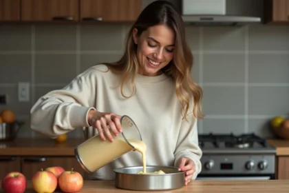 Femme versant la pâte à gâteau au yogourt et pomme