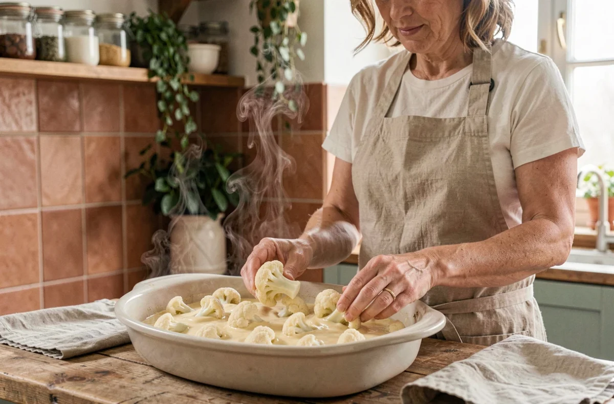 Femme disposant des fleurettes de chou-fleur blanchi dans un plat à gratin avec béchamel dans une cuisine rustique française