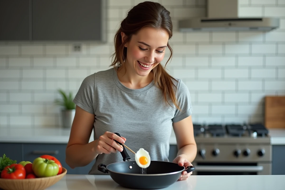 Femme préparant des œufs au plat dans une cuisine moderne pour un repas rapide riche en protéines