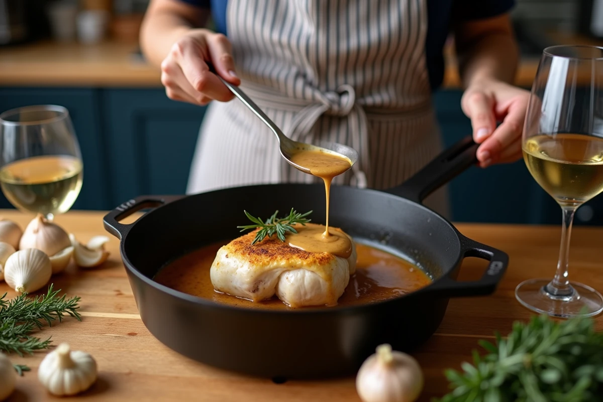Cuisinière versant une sauce crème aux champignons sur une paupiette de veau braisée dans une cocotte en fonte
