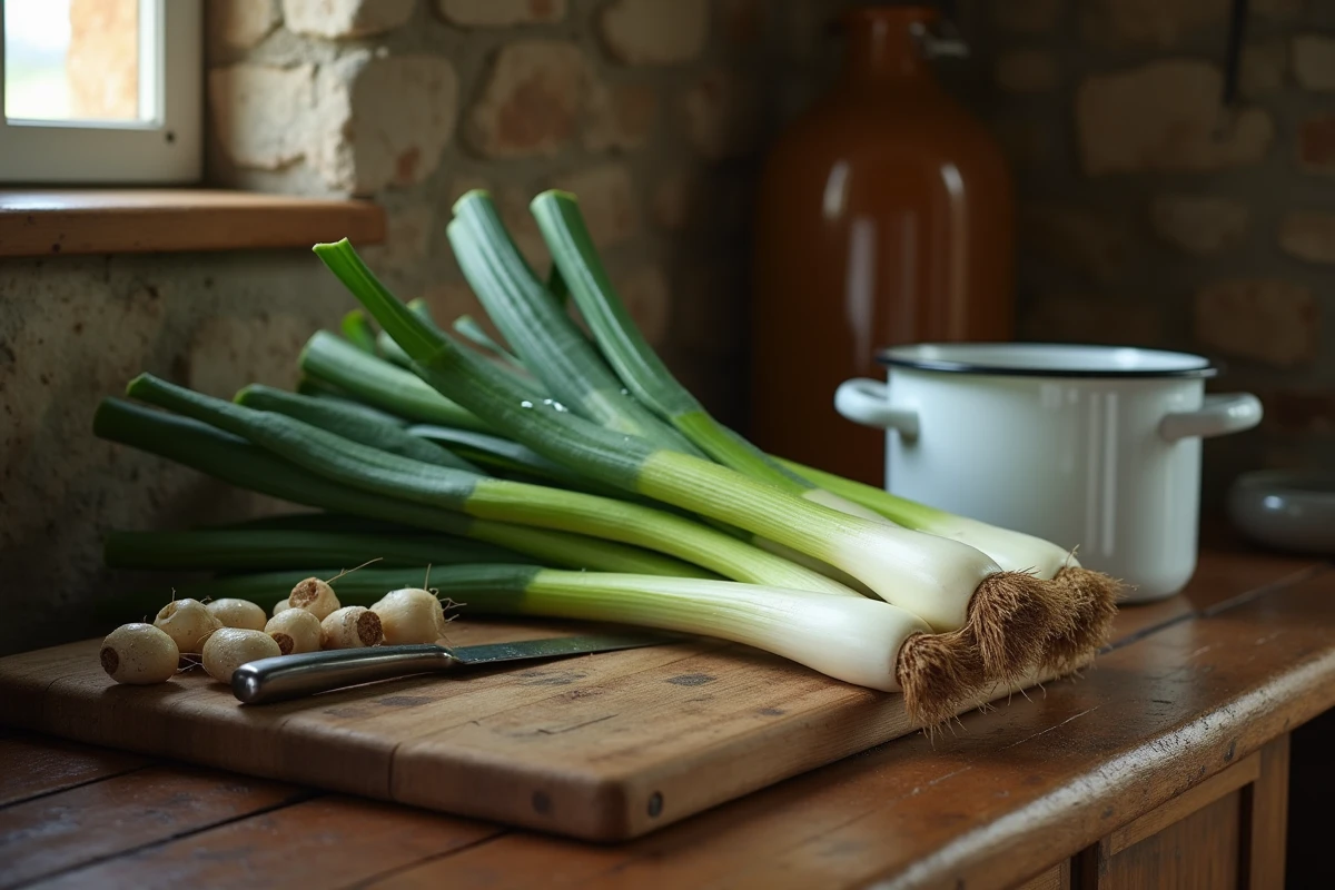 Poireaux frais lavés et préparés sur un plan de travail rustique en bois avec un couteau et une casserole émaillée