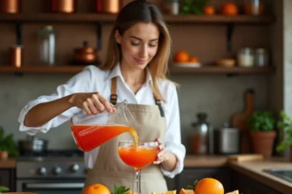 Femme préparant un punch aux fruits dans une cuisine rustique avec une carafe en verre et des agrumes tranchés