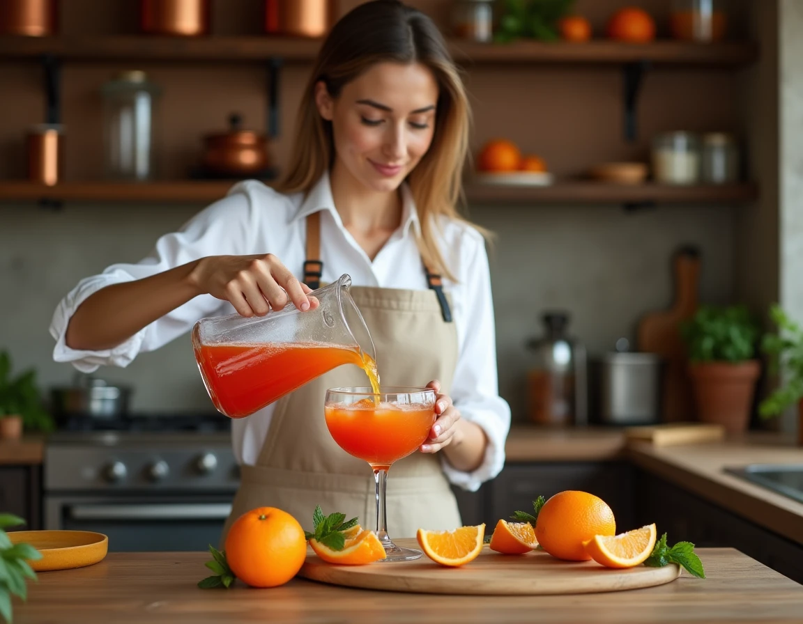 Femme préparant un punch aux fruits dans une cuisine rustique avec une carafe en verre et des agrumes tranchés