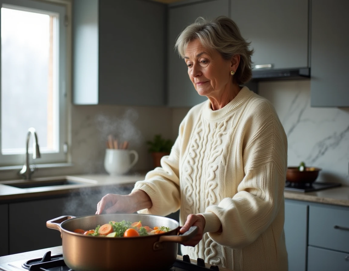 Femme en pull tricoté préparant un ragoût de légumes d'hiver dont du salsifis dans une cuisine moderne, scène authentique et chaleureuse