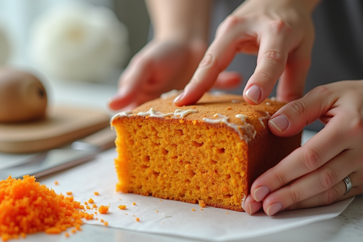 Mains pressant un morceau de gâteau aux carottes pour montrer sa douceur