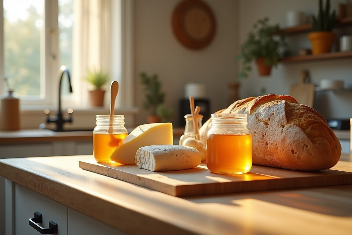 Produits locaux dans une cuisine moderne ensoleillee