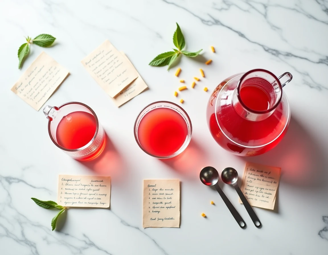 Vue du dessus de trois récipients de tailles différentes remplis de punch rouge pour illustrer les proportions selon le nombre de convives