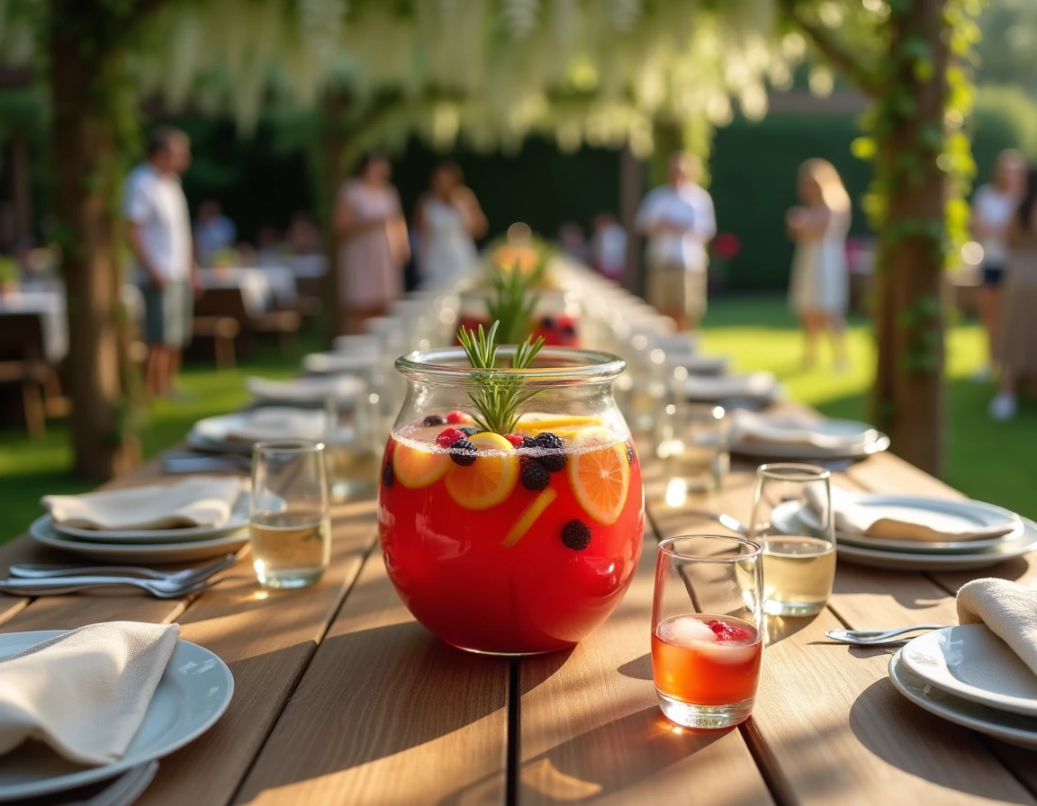 Grande table de jardin avec un bol à punch tropical garni pour une fête d'environ 15 personnes en extérieur