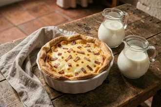 Quiche lorraine dorée dans un plat en céramique avec deux carafes de crème et de lait posées à côté sur un comptoir en bois rustique