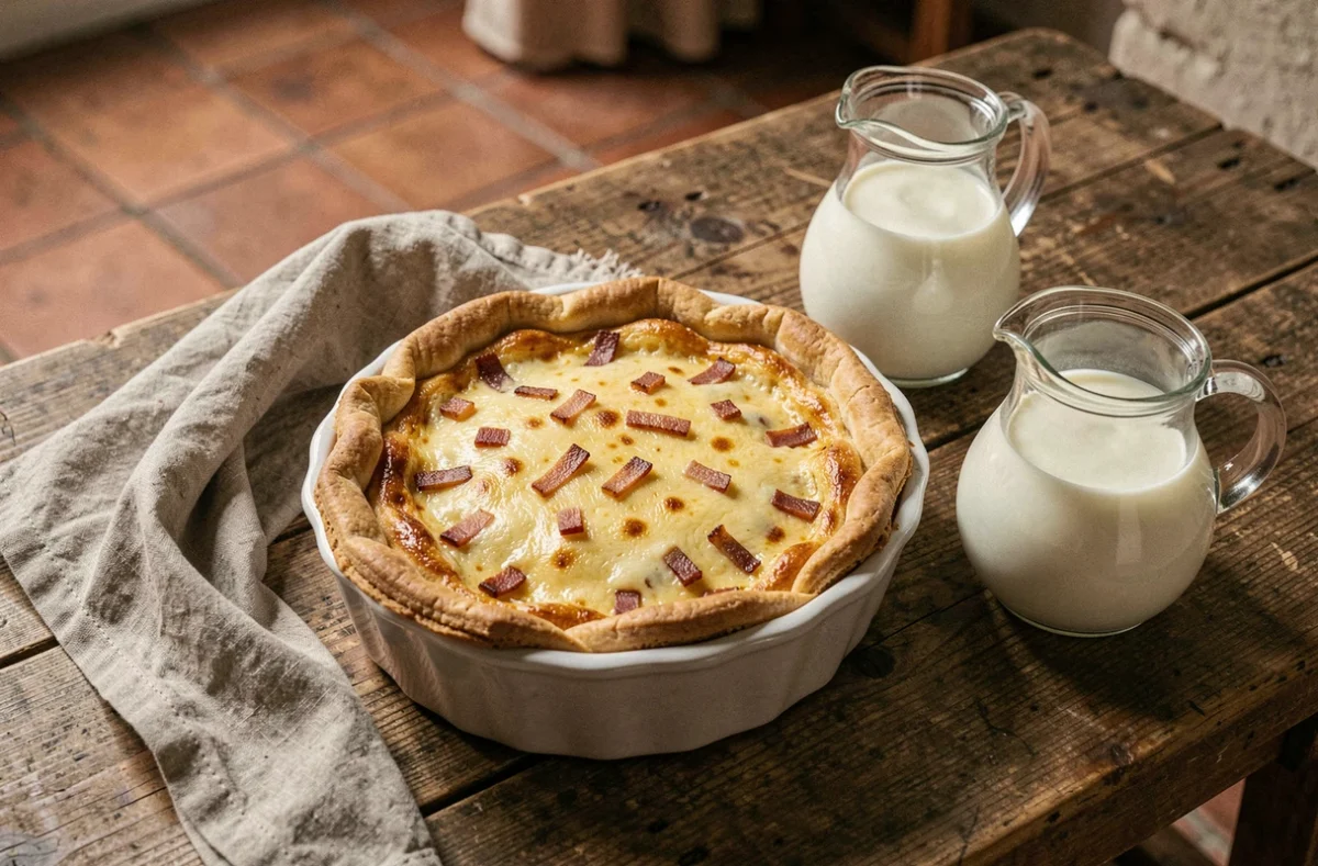 Quiche lorraine dorée dans un plat en céramique avec deux carafes de crème et de lait posées à côté sur un comptoir en bois rustique
