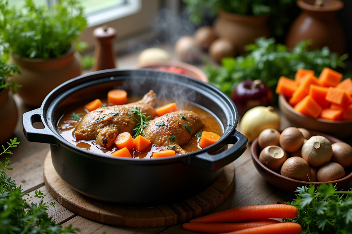 Ragoût de lapin en cuisson avec légumes dans une cuisine rustique