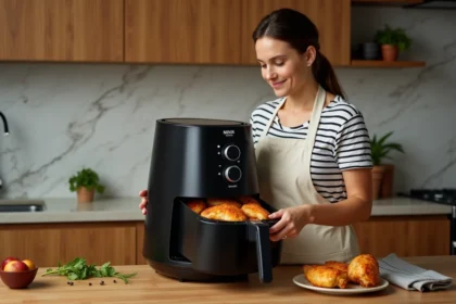 Femme préparant des cuisses de poulet dorées dans un air fryer Ninja noir posé sur un plan de travail en bois