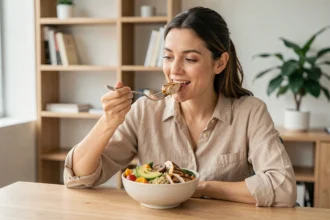 Femme mangeant un repas équilibré le midi au bureau avec un bol de quinoa, légumes et poulet grillé pour éviter les grignotages