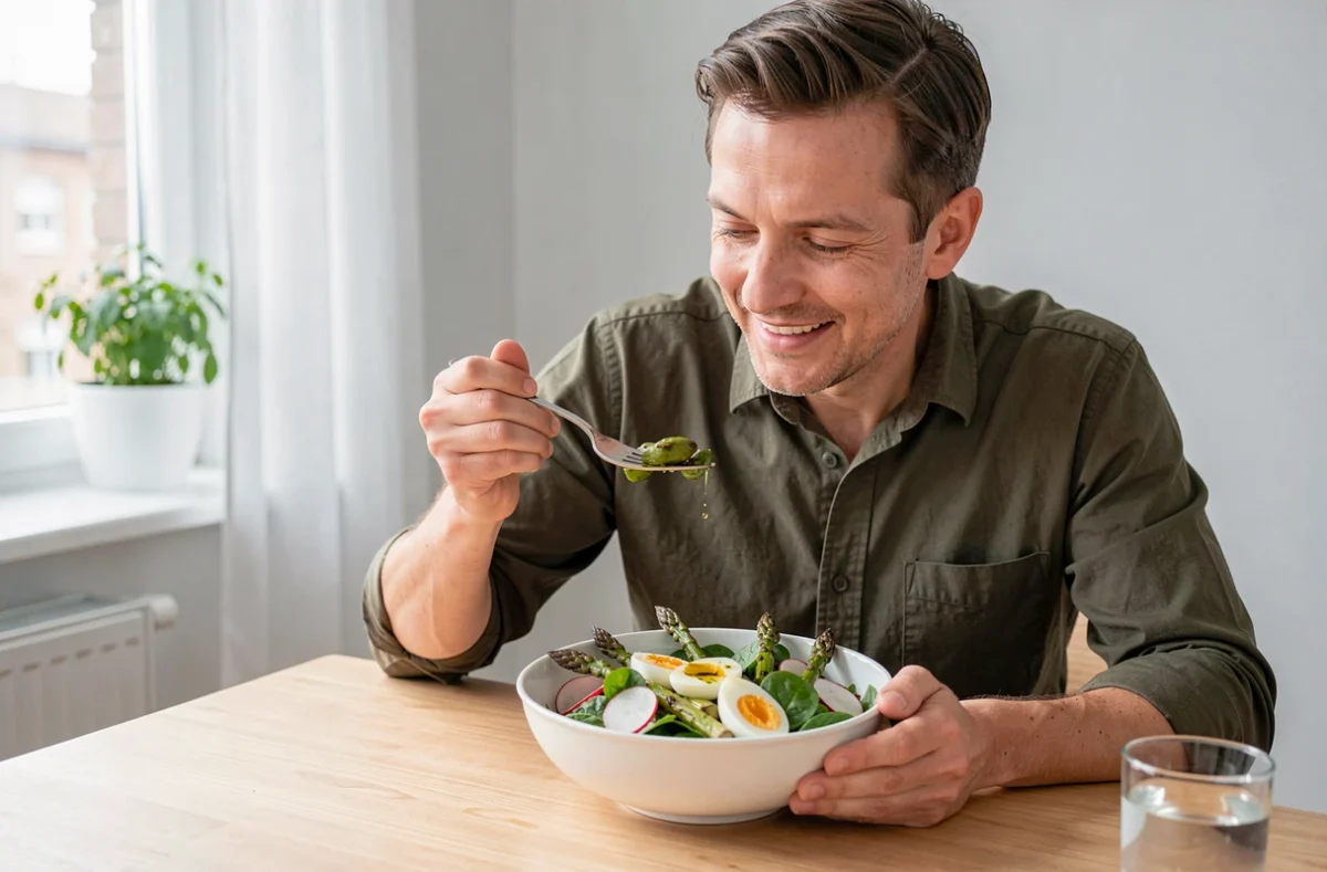Homme mangeant un repas sain à base de légumes de saison d'avril comme les asperges et les radis dans un appartement moderne