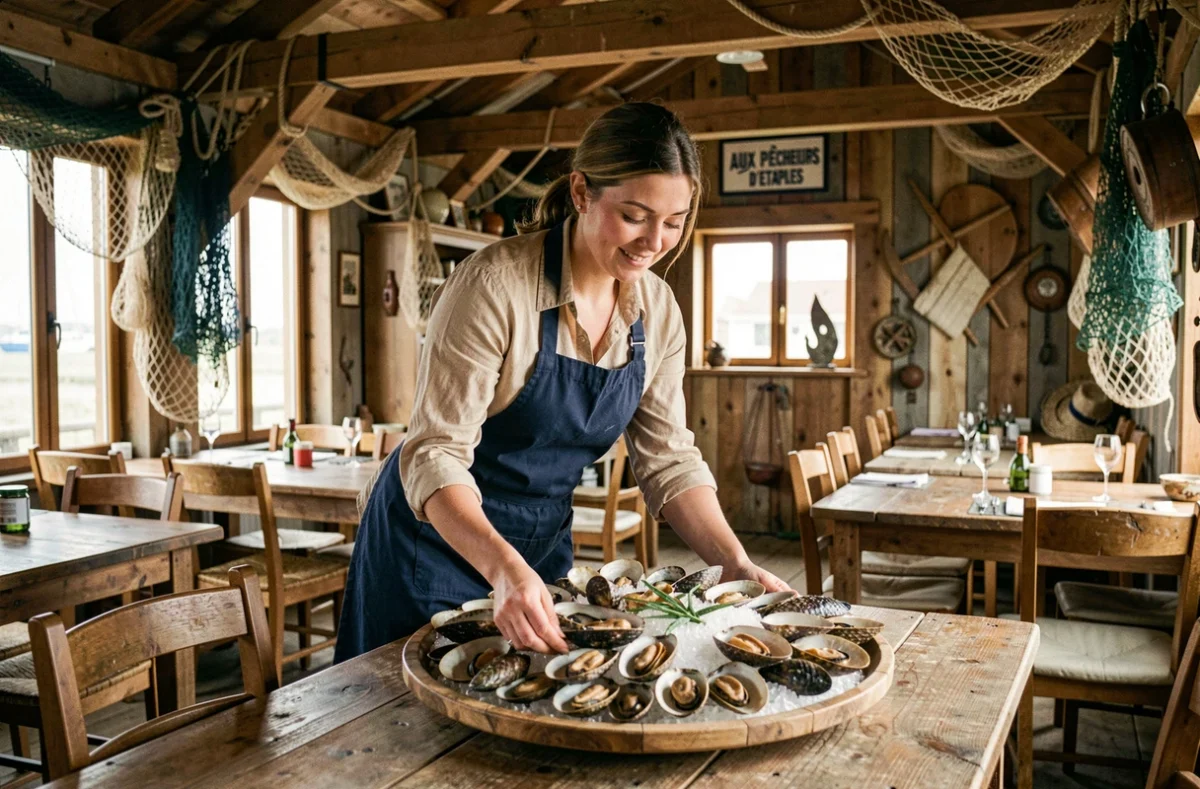 Salle rustique du restaurant Aux Pêcheurs d'Étaples avec plateau de fruits de mer et décor maritime authentique