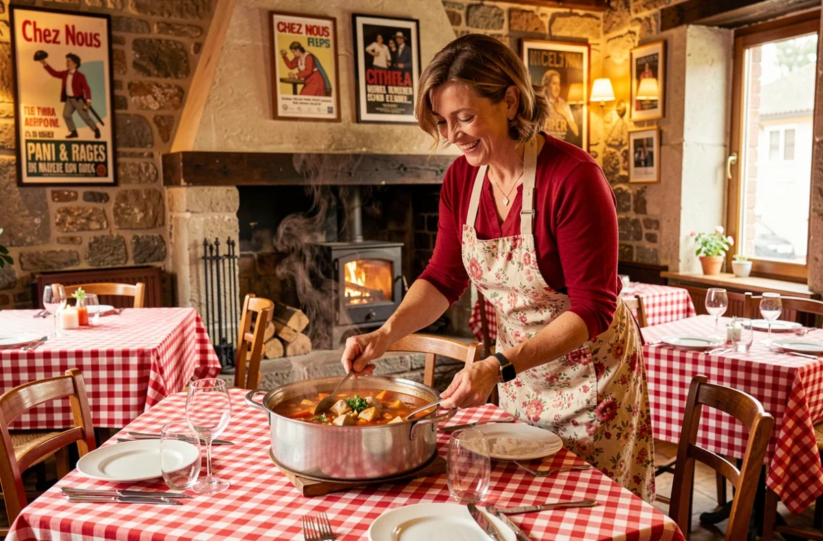Ambiance chaleureuse et familiale du restaurant Chez Nous avec pot-au-feu et décor traditionnel français