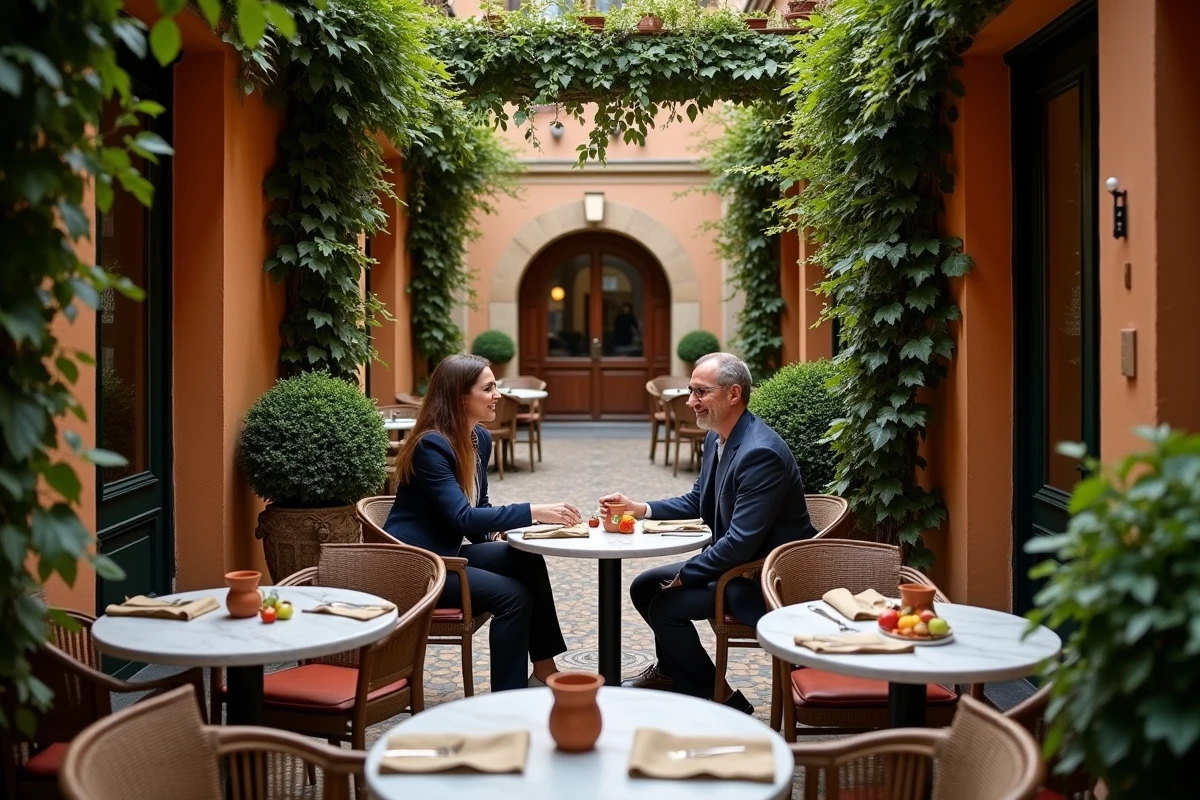 Terrasse de restaurant caché dans une cour intérieure du Vieux-Lyon avec architecture Renaissance