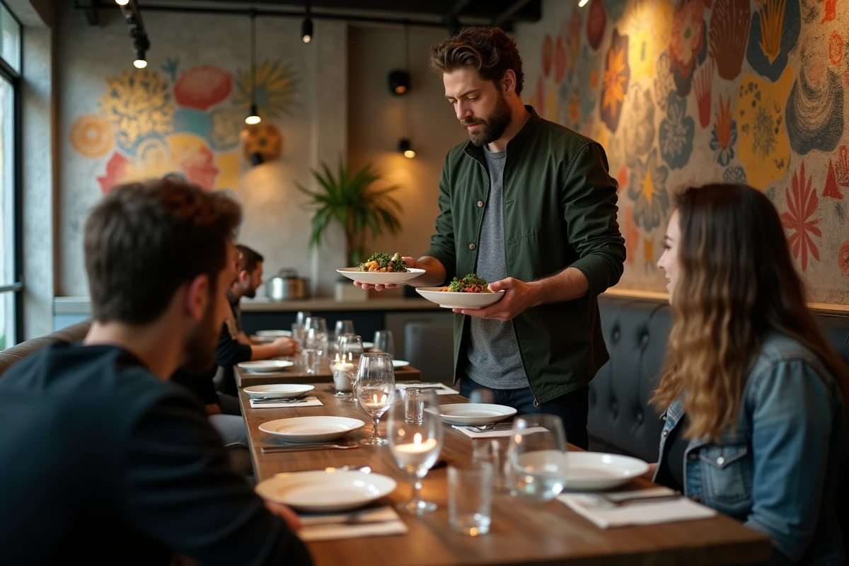 Restaurant tendance Croix-Rousse Lyon avec décoration industrielle et cuisine ouverte