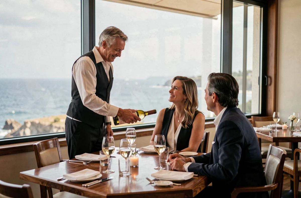 Intérieur élégant du restaurant L'Atlantic avec vue panoramique sur la côte et service de vin en salle