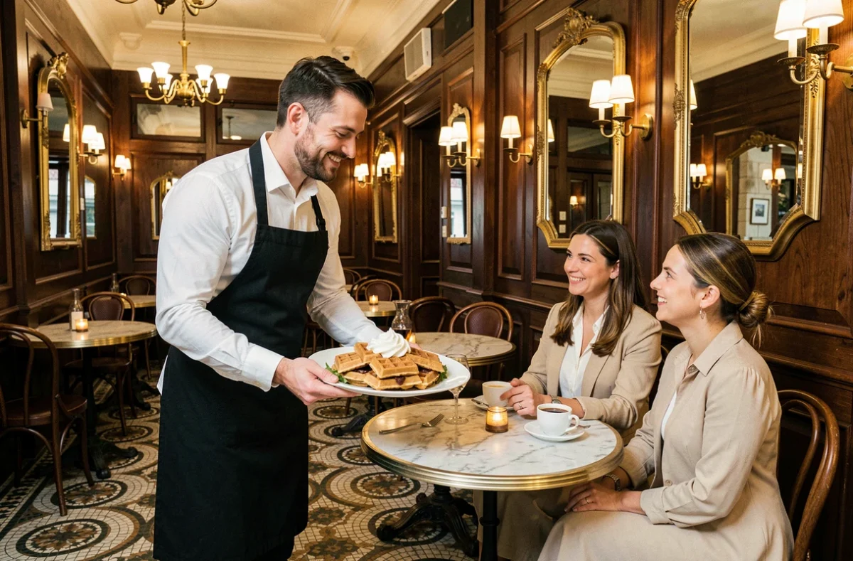 Serveur présentant des gaufres de Liège dans l'ambiance brasserie belge de La Liégoise à Arras