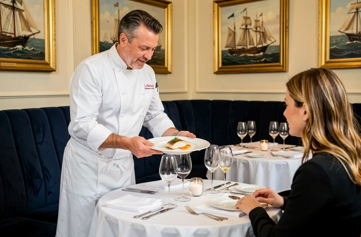 Chef servant une sole meunière dans la salle raffinée du restaurant La Matelote à Boulogne-sur-Mer