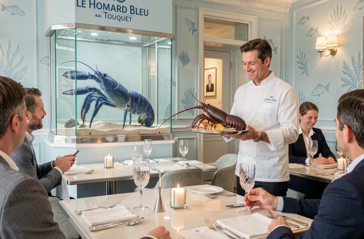Chef présentant un homard bleu rôti sur plateau argenté dans la salle élégante du Homard Bleu au Touquet