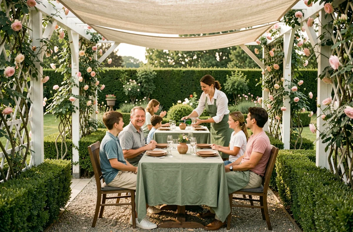 Terrasse jardinée du restaurant Les Jardins d'Hardelot avec tables dressées parmi roses et haies taillées