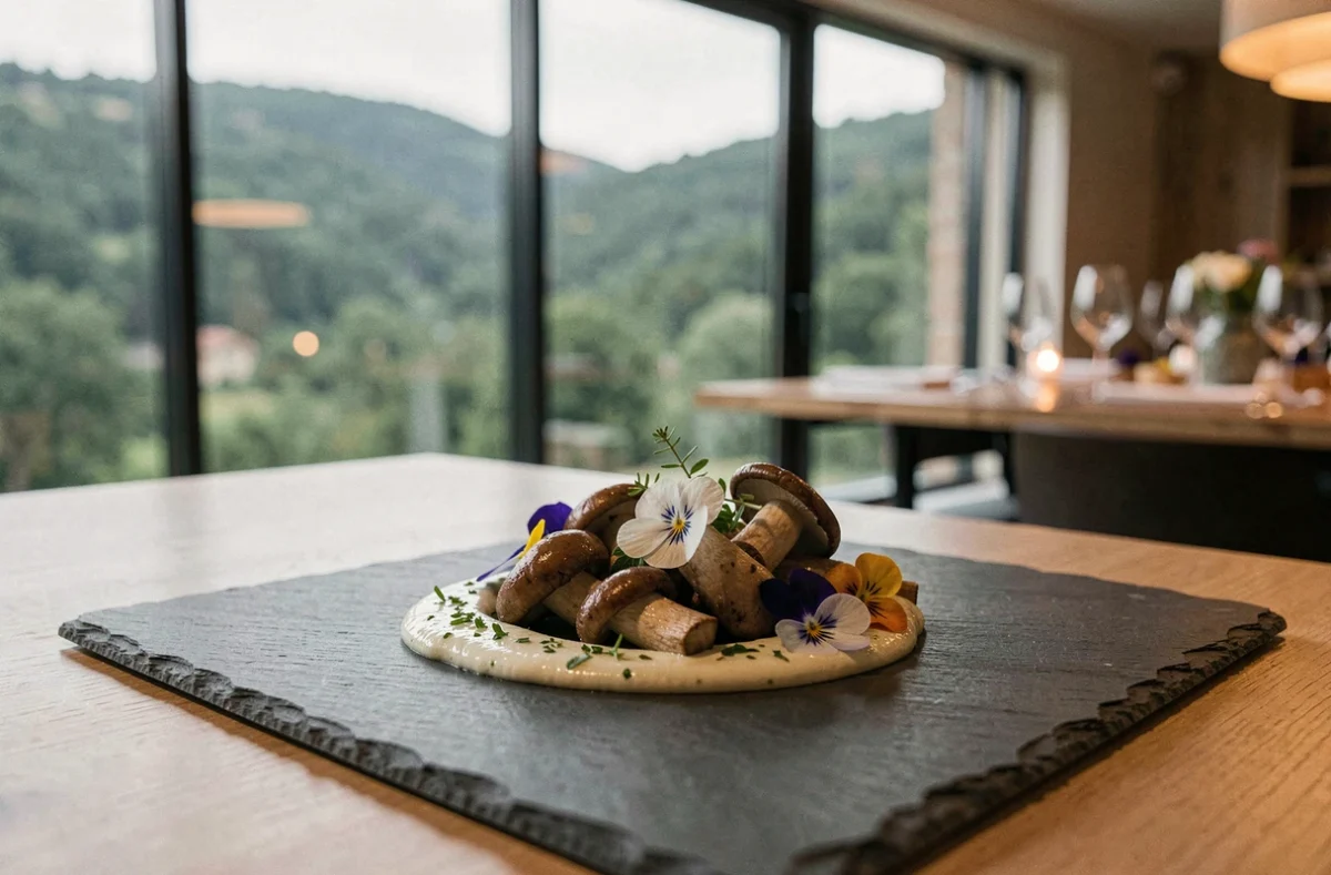 Plat créatif à base de champignons sauvages sur ardoise noire au Restaurant Marcon en Haute-Loire, avec vue sur la forêt auvergnate