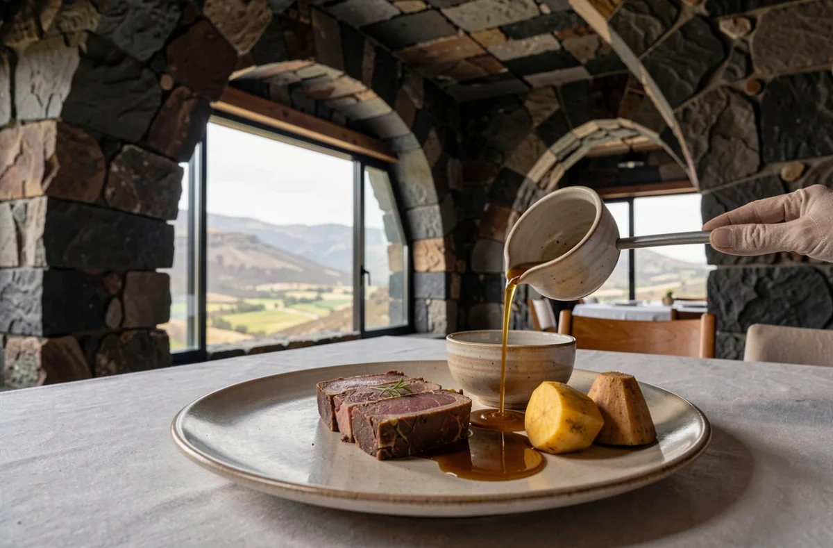 Plat gastronomique en céramique artisanale au Restaurant Serge Vieira dans le Cantal avec murs en basalte volcanique en arrière-plan
