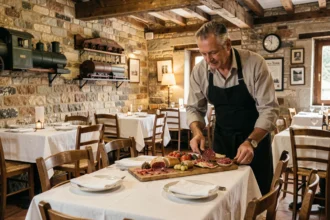 Intérieur d'un restaurant traditionnel près de la gare de Villefranche-de-Rouergue avec décor en pierre et plats régionaux