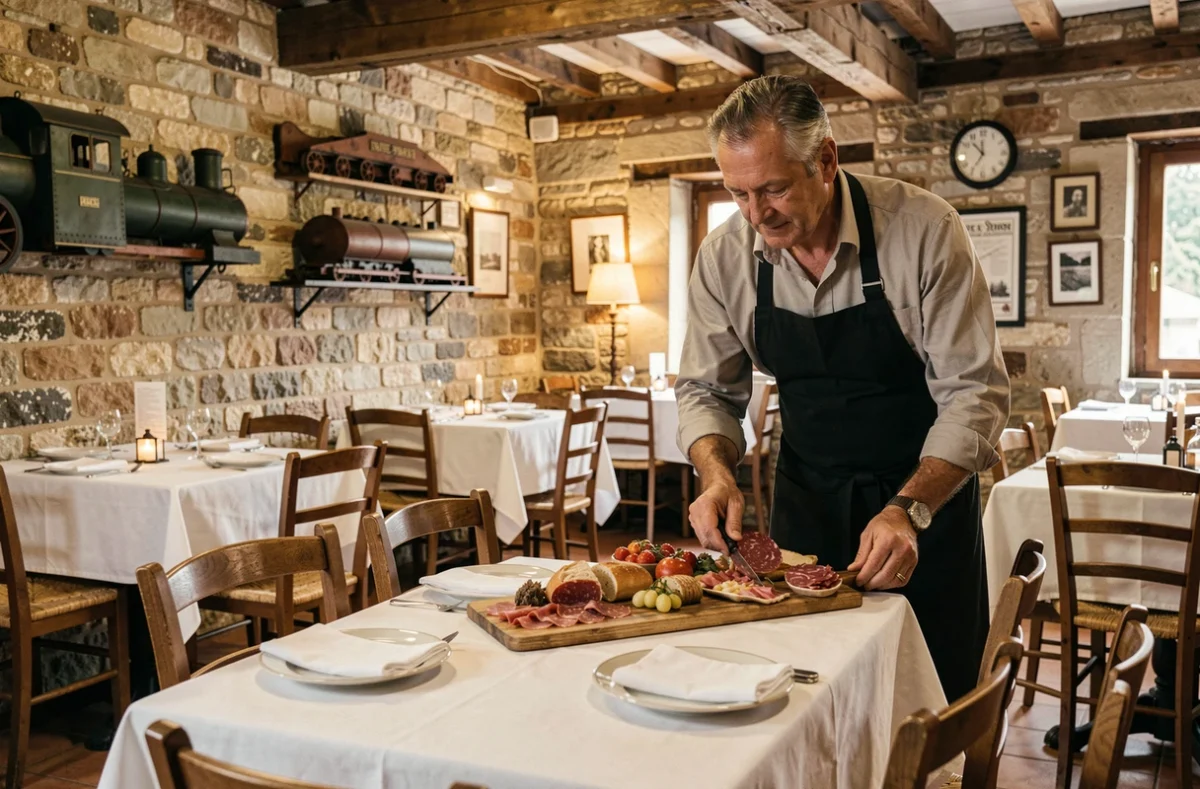 Intérieur d'un restaurant traditionnel près de la gare de Villefranche-de-Rouergue avec décor en pierre et plats régionaux