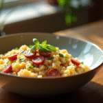 Risotto vegan crémeux avec chorizo végétal dans un bol