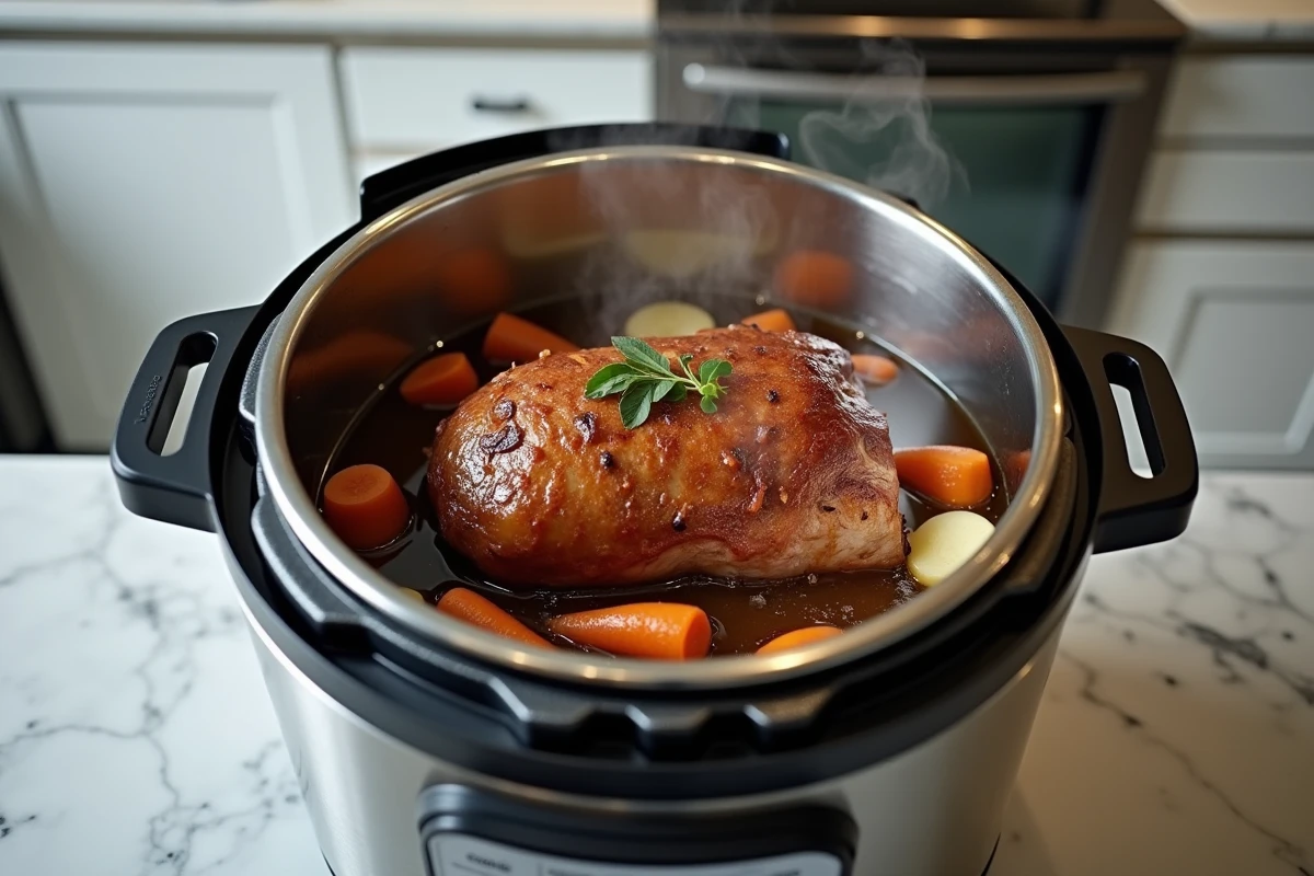 Rôti de porc cuit au Cookeo dans un bouillon de fond de veau avec légumes et herbes aromatiques
