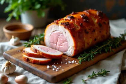 Rôti de porc fondant au fond de veau tranché sur une planche en bois rustique avec thym et ail