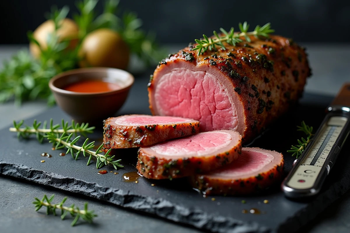 Rôti de chevreuil mariné tranché sur ardoise avec sauce réduite et thermomètre à viande montrant la température de repos idéale